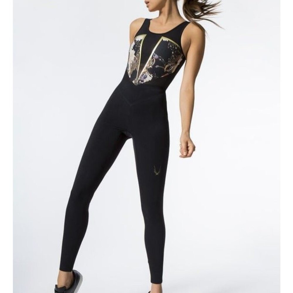 Lucas Hugh London Size S Bodysuit – Black w/ Printed Panel + Gold Detail